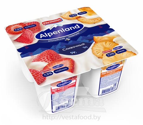 "Alpenland.Сливочный" с клубникой/ананасом, продукт йогуртный пастериз., мдж 7,5%, 95г, 1/24