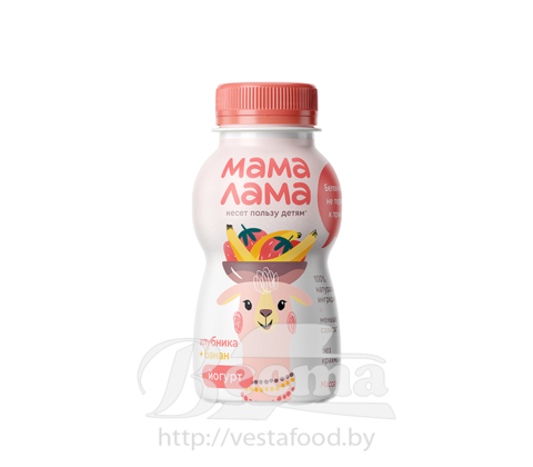 Продукт детского питания: йогурт питьевой "Лама Мама" с клубникой и бананом, для детей старше 3-х лет, м.д.ж.2,5%, 200г