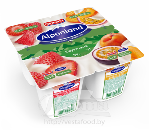 "Alpenland.Фруктовый" с клубникой/персиком и маракуйей, продукт йогуртный пастериз.,мдж 0,3%, 95г, 1/24