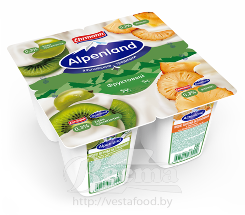"Alpenland.Фруктовый" с киви/крыжовником и ананасом, продукт йогуртный пастериз.,мдж 0,3%, 95г, 1/24