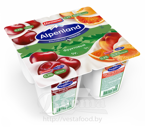 "Alpenland.Фруктовый" с вишней/нектарином и диким апельсином, продукт йогуртный пастериз.,мдж 0,3%, 95г, 1/24