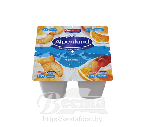 "Alpenland.Молочный" с ананасом/нектарином и апельсином, продукт йогуртный пастериз., мдж 2,5%, 95г, 1/24