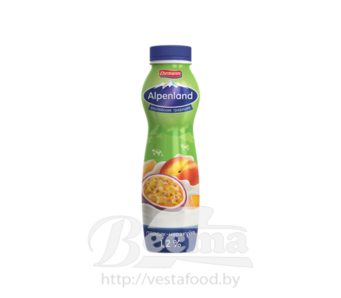 Напиток йогуртный пастериз."Alpenland" с персиком и маракуйей, мдж. 1,2%, 290г, 1/6