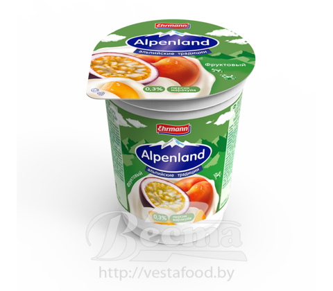 "Alpenland.Фруктовый" с персиом и маракуйей, продукт йогуртный пастериз.,мдж 0,3%, 320г, стакан, 1/12