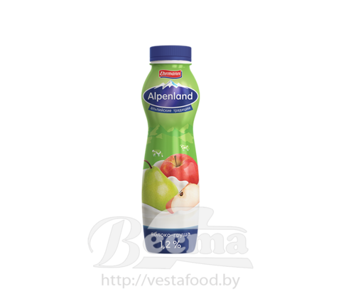 Напиток йогуртный пастериз."Alpenland" с яблоком и грушей, мдж. 1,2%, 290г, 1/6