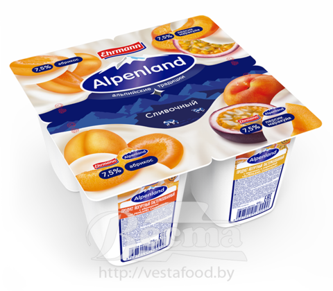 "Alpenland.Сливочный" с абрикосом/персиком и маракуйей, продукт йогуртный пастериз., мдж 7,5%, 95г, 1/24